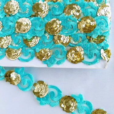 Blue Lace Trim, Tissue Fabric Cutwork With Floral Embroidery & Gold Sequins, Indian Embroidery